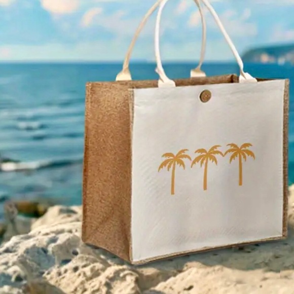 NEW! Palm Tree Burlap & White Canvas Tote - Picture 1 of 4